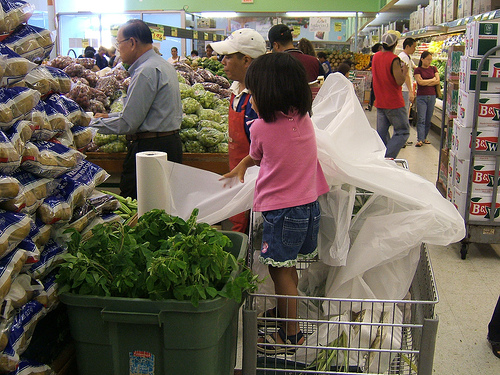 Menina faz farra com sacolas de plástico                  foto:  supermanultra