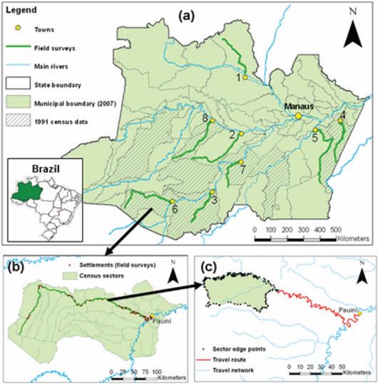 Deslocamentos das expedições. Cidades indicadas em amarelo: Barcelos (rio Aracá), Coari (rio Coari), Lábrea (rio Ituxi), Maués (rio Maués/Parauari), Nova Olinda do Norte (rio Abacaxi), Pauini (rio Pauini), Tapauá (rio Jacaré), Tefé (rio Tefé). Clique para ampliar