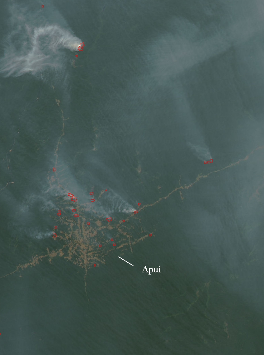 Apuí, Sul do Amazonas. Foto do dia 16 de agostos. Fumaça afeta cidades distantes como Manaus (fonte: NASA/ arte : ((o))eco)