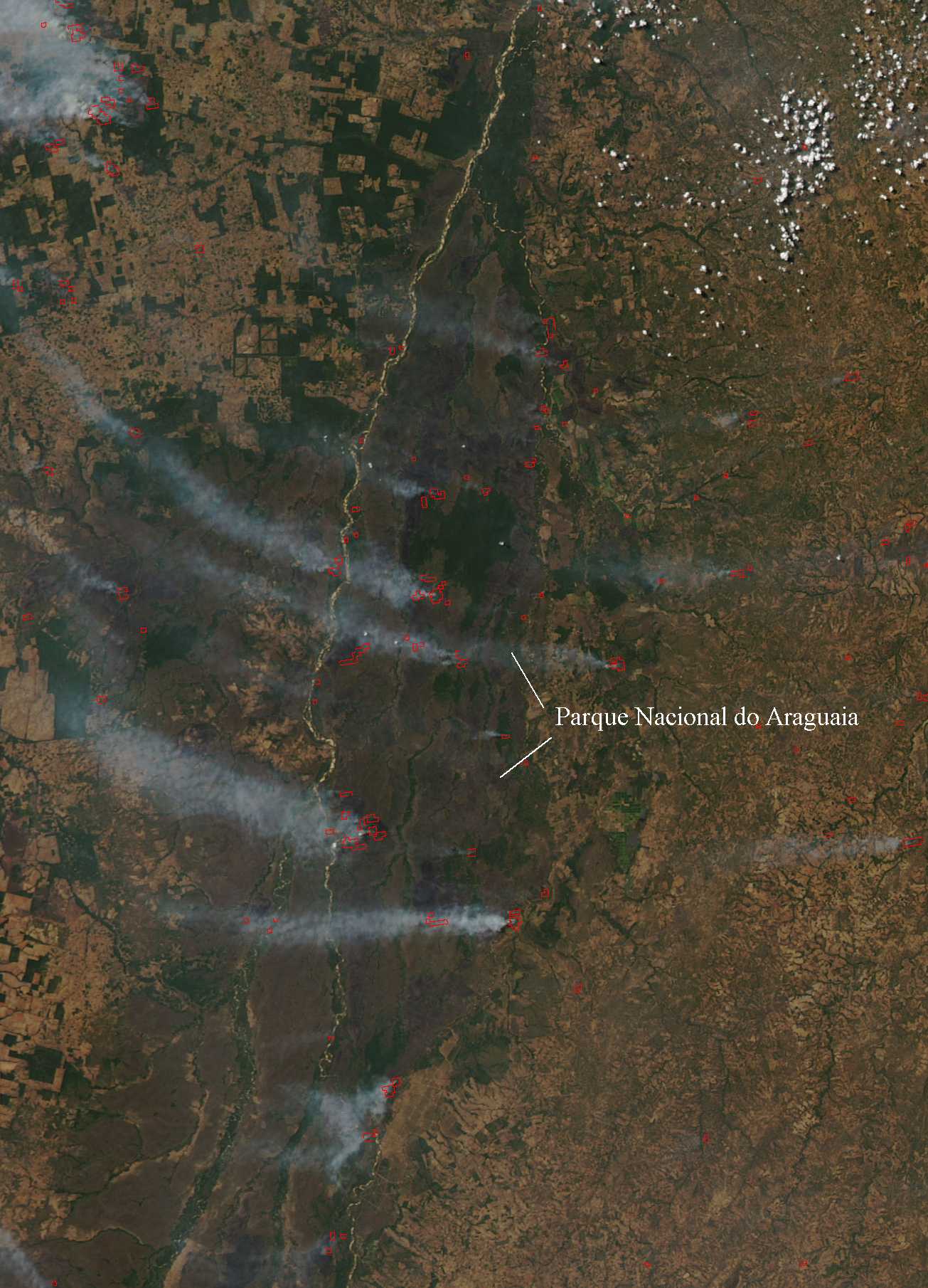Parque Nacional do Araguaia no Tocantins é um dos mais afetados pelas queimadas. Foto de satélite do dia 17 de agosto (fonte: NASA)