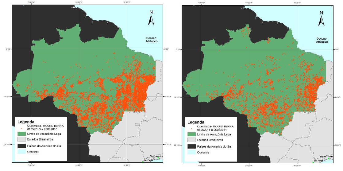 Comparação dos Mapas de queimadas que ocorreram na Amazônia Legal em 2010 e 2011. (dados: MODIS; mapas: Anderson Costa)