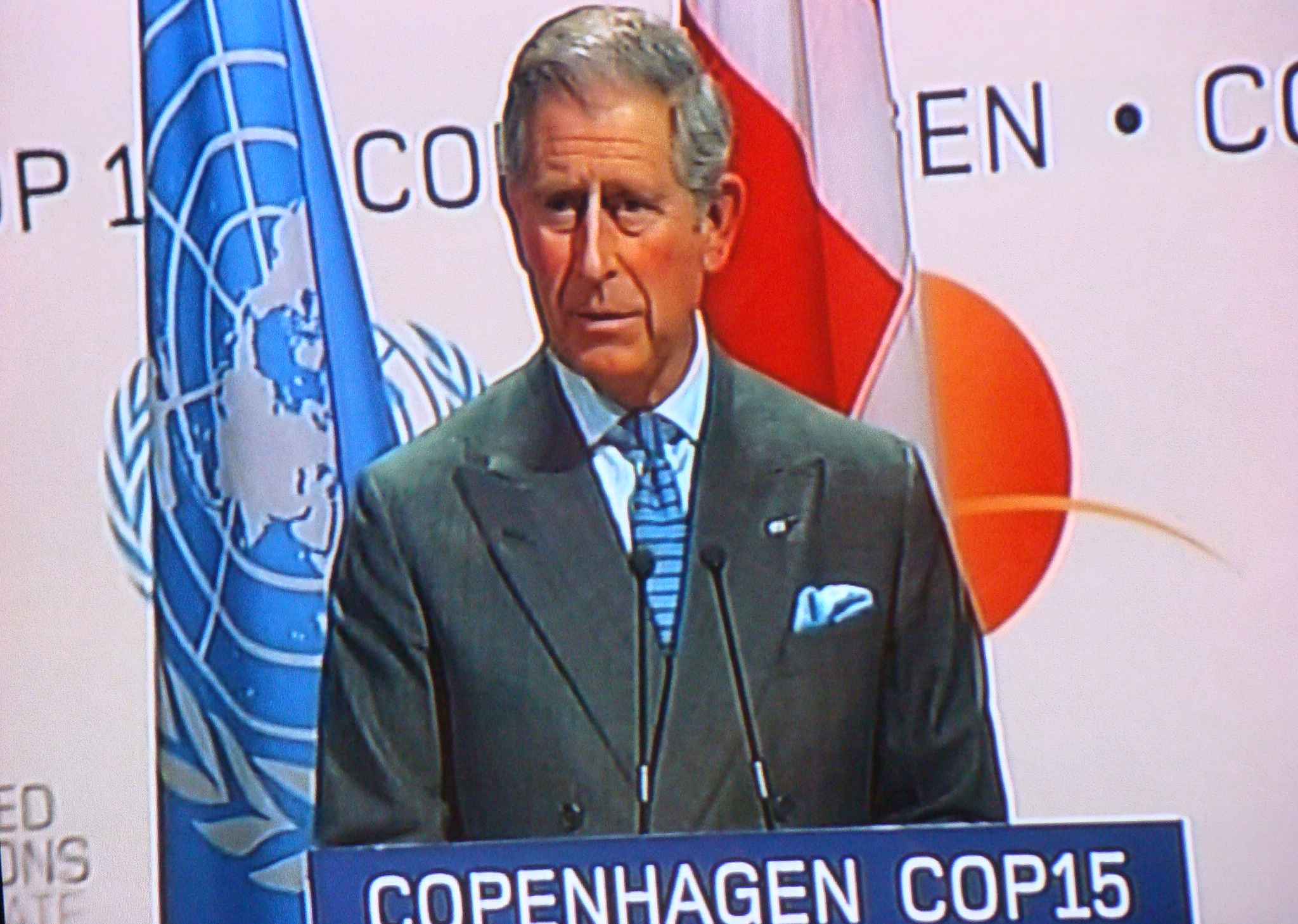 Príncipe Charles no telão da Sala de imprensa: Discurso em defesa das florestas (foto: Andreia Fanzeres)