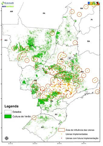 Mapa com usinas de cana implantadas e em implantação. de Imagem: Conab