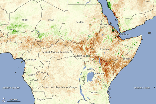 Esta análise de anomalias na vegetação foi feita no mês de abril pelo sensor AVHRR (Advanced Very High Resolution Radiometer) no satélite NOAA-18 POES. A cor marrom indica a severidade da seca que deixou milhares de pessoas sem comida nas regiões mais pobres da África.