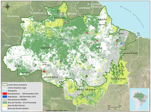 Área com nuvem e sombra em novembro de 2012 na Amazônia Legal. Fonte: Imazon/SAD.