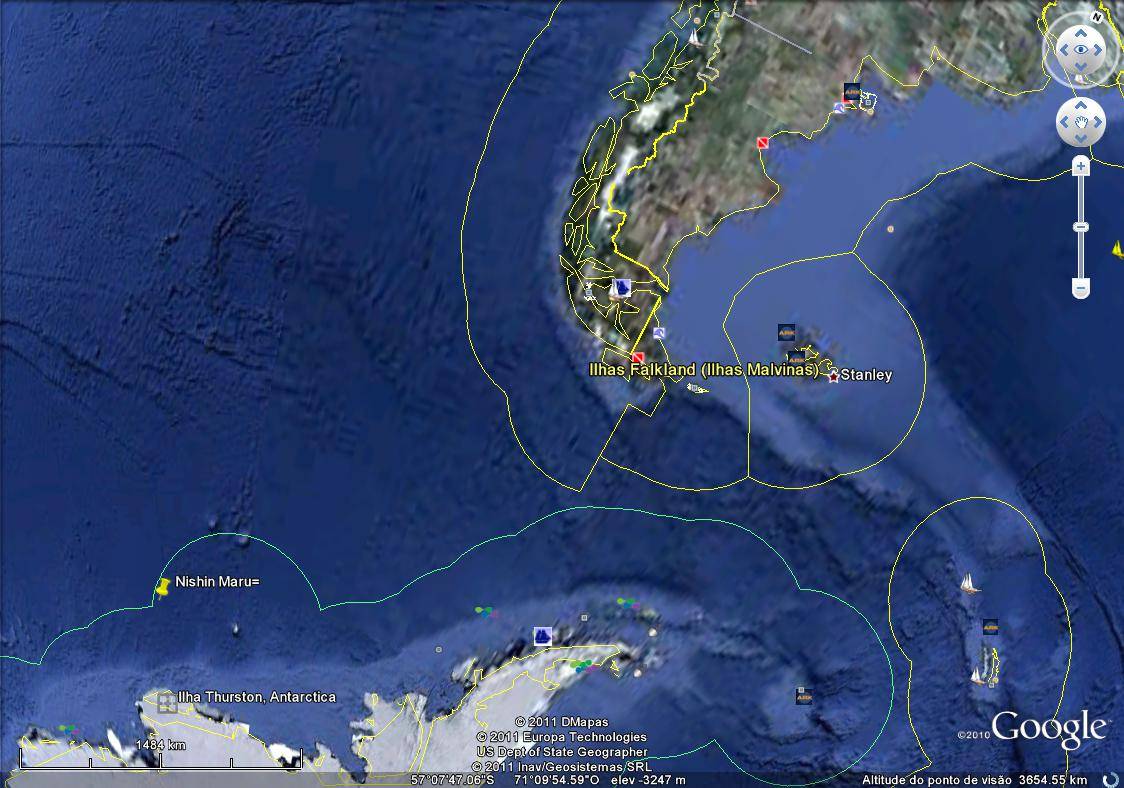 O baleeiro Nisshin Maru (ponto amarelo), localizado no Google Earth no dia 14 de fevereiro. Clique para ampliar