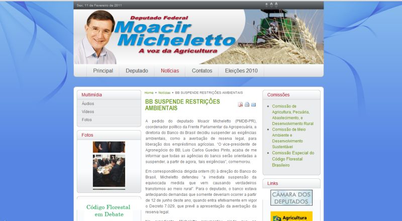 A página do deputado Moacir Michelleto e a notícia sobre o fim das restrições ambientais (fonte: reprodução) Clique para ampliar