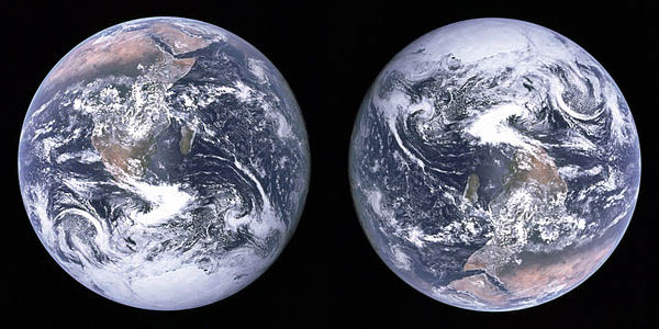 A Blue Marble original de 1972. Na esquerda a imagem divulgada para o público, e na direita como ela foi tirada originalmente.
