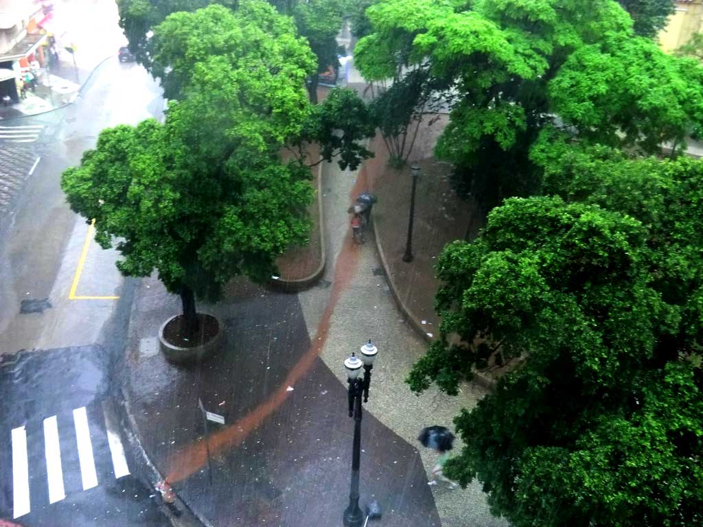 Erosão laminar e bueiros entupidos são um dos resultados da forma como as praças do Centro de São Paulo são “cuidadas”. Foto: Fábio Olmos.