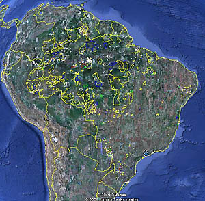 Maioria das terras indígenas está na Amazônia. Apenas uma tem plano de gestão ambiental (Mapa: Google Earth/Funai)