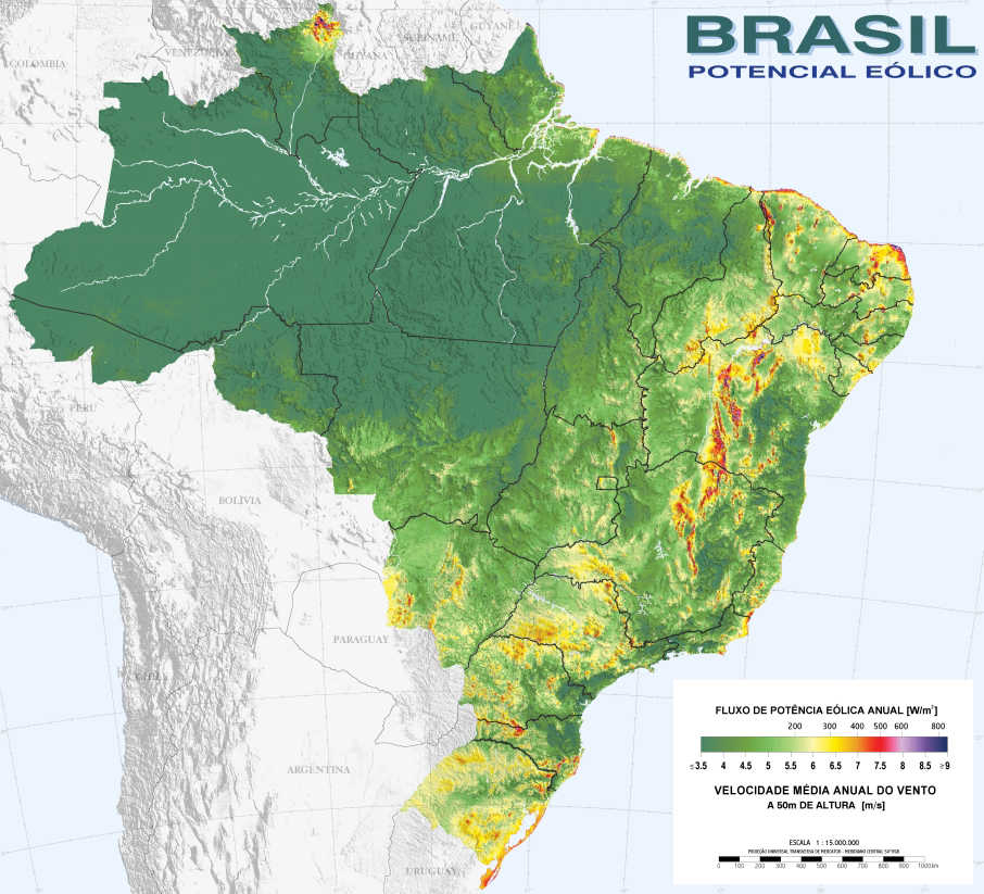 Atlas de potencial eólico feito pelo Centro de Pesquisa de Energia Elétrica, do Ministério das Minas e Energia, em 2001. (Fonte: CEPEL - Centro de Pesquisa de Energia Elétrica - 2001)