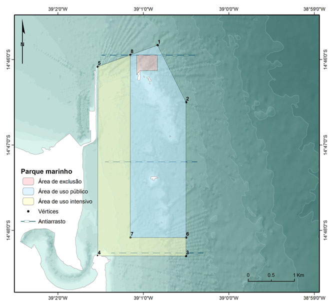 Mapa mostra a área do Parque Municipal Marinho de Ilhéus. Fonte: Secretaria de Meio Ambiente de Ilhéus