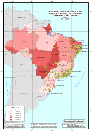 Figura 5.18: Esgotamento sanitário. Déficit no acesso à rede e fossa séptica nos municípios contemplados com recursos não-onerosos. 2004-2009. Clique para ampliar.