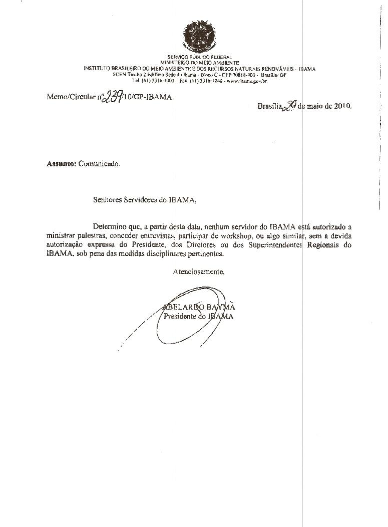 Cópia da circular que proíbe servidores do Ibama de dar entrevistas. Clique para ampliar 