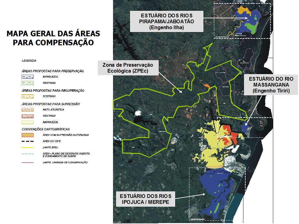 Mapa de compensação pelo desmatamento com zonas propostas para preservação. Clique para ampliar (fonte: Governo de Pernambuco)