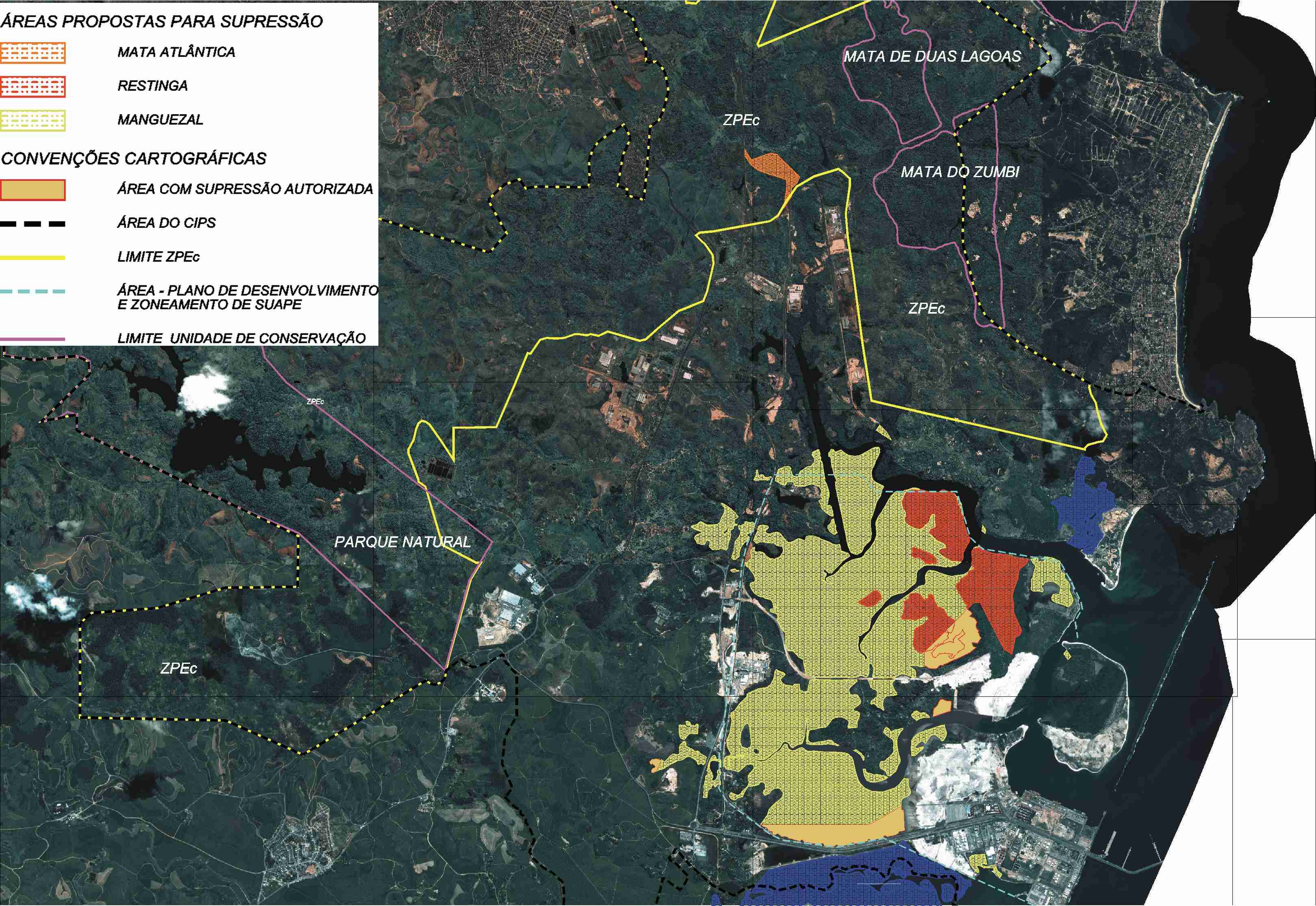 Mapa de supressão de vegetação na região de Suape. Clique para ampliar (fonte: Governo de Pernambuco)