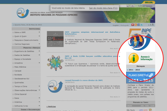No Site do INPE, o símbolo amarelo informa o link para a página especial de atendimento aos pedidos de Acesso à Informação. Lei entrou hoje em vigor.