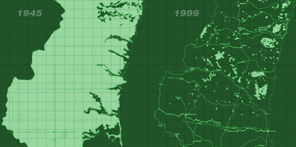 Sul da Bahia: em 1945 a região era quase toda coberta por Mata Atlântica. Em 1999, só restavam fragmentos de floresta.