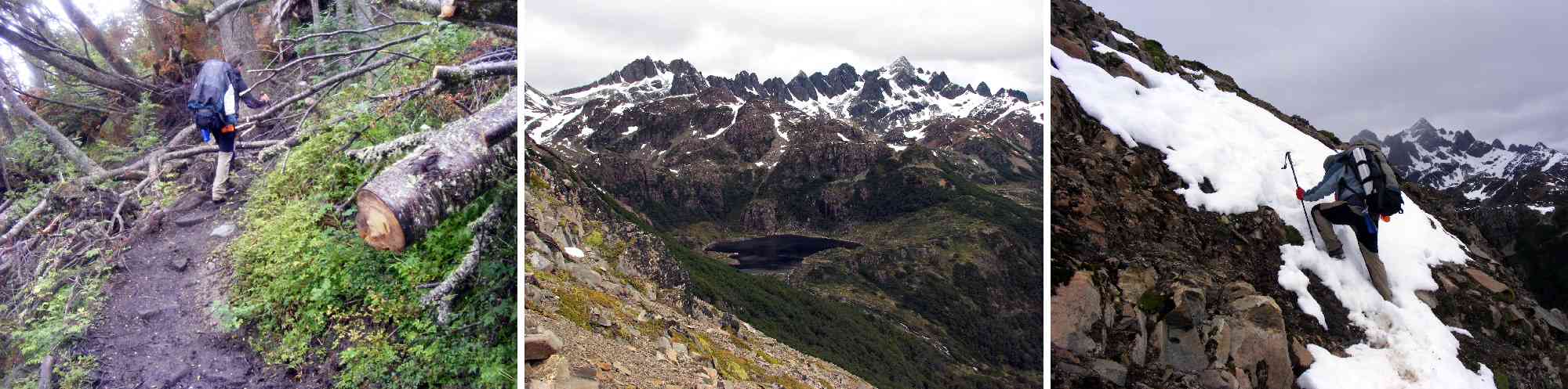 Vencendo trechos de lama e neve. Ao centro, a Laguna del Salto rodeada de paredões rochosos. Fotos: Aldem Bourscheit e Ivam Mello