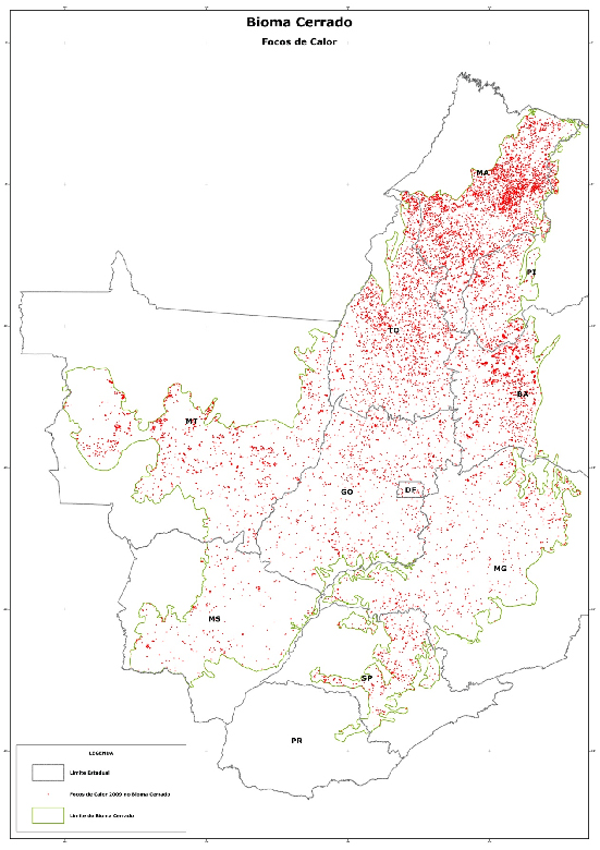 Dados do Inpe (2009) mostram alta incidência de focos de incêndio ao norte do Cerrado, onde bioma está mais preservado.