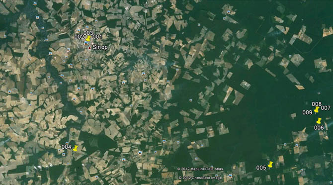 Nortão: Mapa mostra os efeitos da antropizacão entre SInop (ponto1) e Feliz Natal (ponto 6). O ponto 9 é onde ocorreu a aprensão do Ibama.