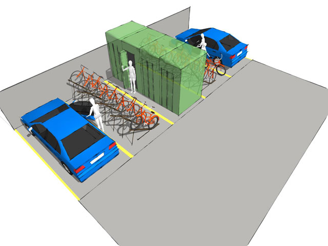 Três vagas de carro se transformam em estacionamento para 16 bicicletas e 4 boxes de chuveiro. Ilustração: Raul Bueno
