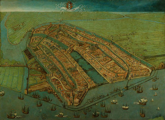 Pintura de 1538 feita pelo artista Cornelis Anthonisz representando os canais de Amsterdam.