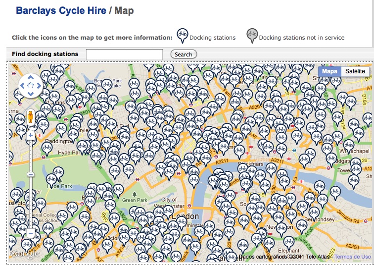 Mapa dos pontos de aluguel de Barclays em Londres. Crédito: foto cedida pelo Transport for London | Clique para ampliar