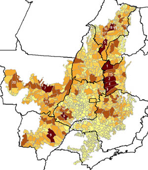 Clique e confira onde se concentram as frentes de degradação do Cerrado. Quanto mais escura a cor do município, mais desmate registrou entre 2002 e 2008. Imagem: MMA