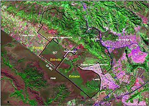 A Reserva Biológica da Contagem (limites em preto) forma um corredor ecológico com seu vizinho, o Parque Nacional de Brasília (PNB). Imagem: CSR / ICMBio