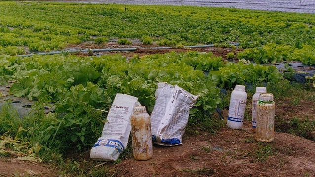 Embalagens abertas de agrotóxicos abandonadas próximas a uma horta, em Pedra Azul (ES), são exemplo de manipulação displicente e perigosa. Foto: Setsuo Tahara