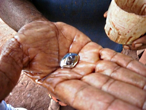 Garimpeiro segura mercúrio nas mãos. Metal é usado no processo de separação do ouro. Foto: Projeto Rondon