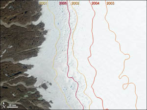 Novas pesquisas mostram que aumento de 1,5oC pode acabar com gelo na Groelândia. (Fonte: NASA)