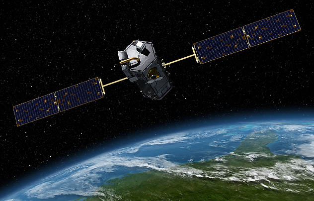 Esboço do novo satélite observador de carbono. Clique na imagem e confira animação sobre o funcionamento do aparelho. (Imagem: Nasa/JPL)